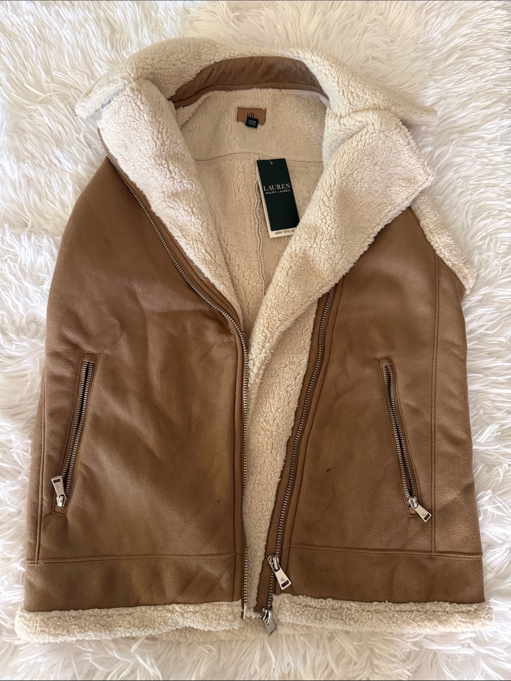 Ralph Lauren Tan Faux Leather Sherpa-Lined Vest
